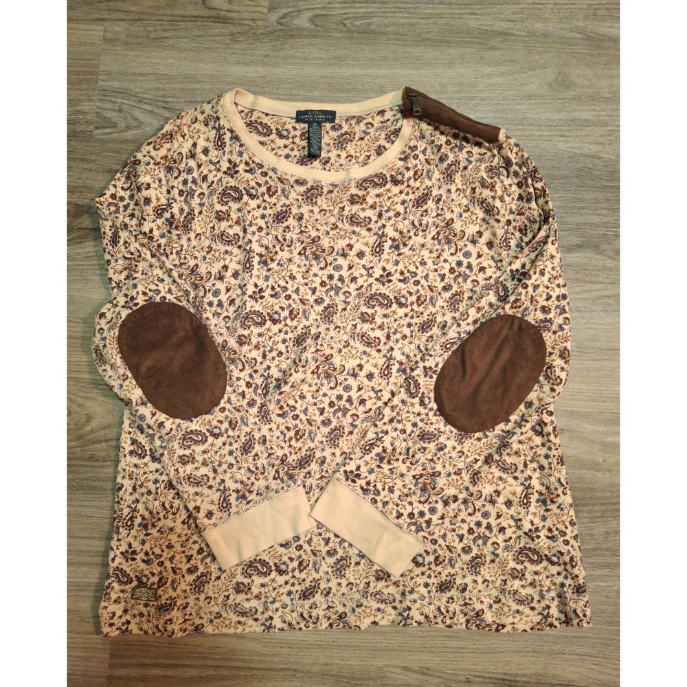 Vintage Ralph Lauren Womens Henley Top 2X Paisley Elbowpad Preppy Equestrian